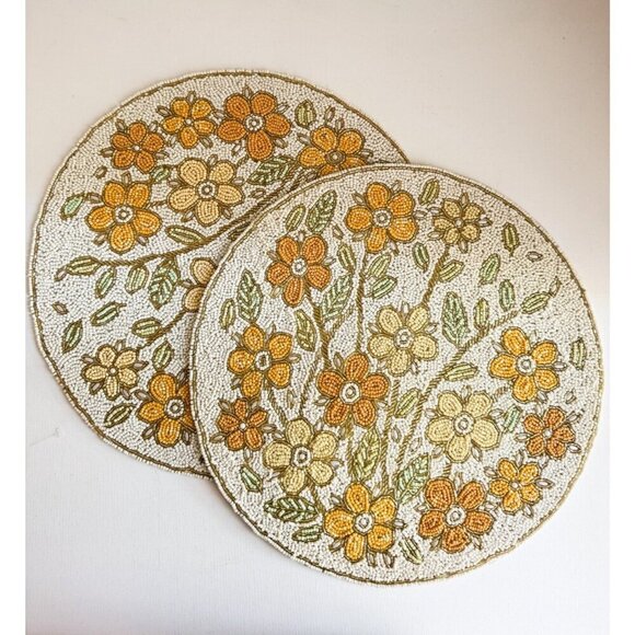 Tahari Home Floral Fully Beaded Round Place Mats Set of 2 - Picture 1 of 9